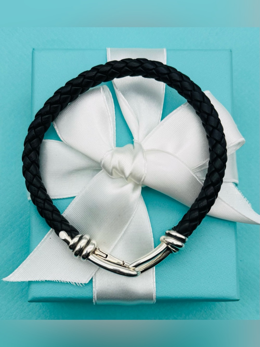 Retired Tiffany & Co black leather and sterling silver knot bracelet
